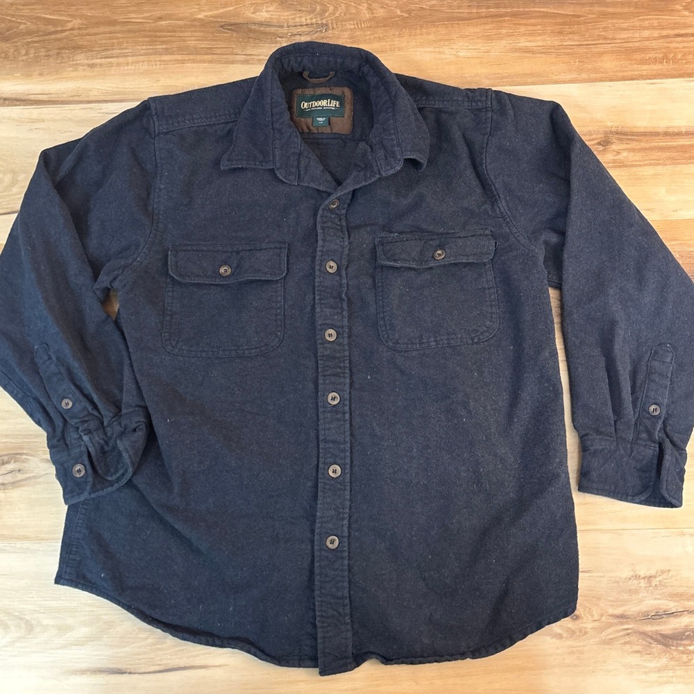 Outdoor‎ Life Chamois Flannel Shirt Mens Large Navy Blue Long Sleeve Button Up